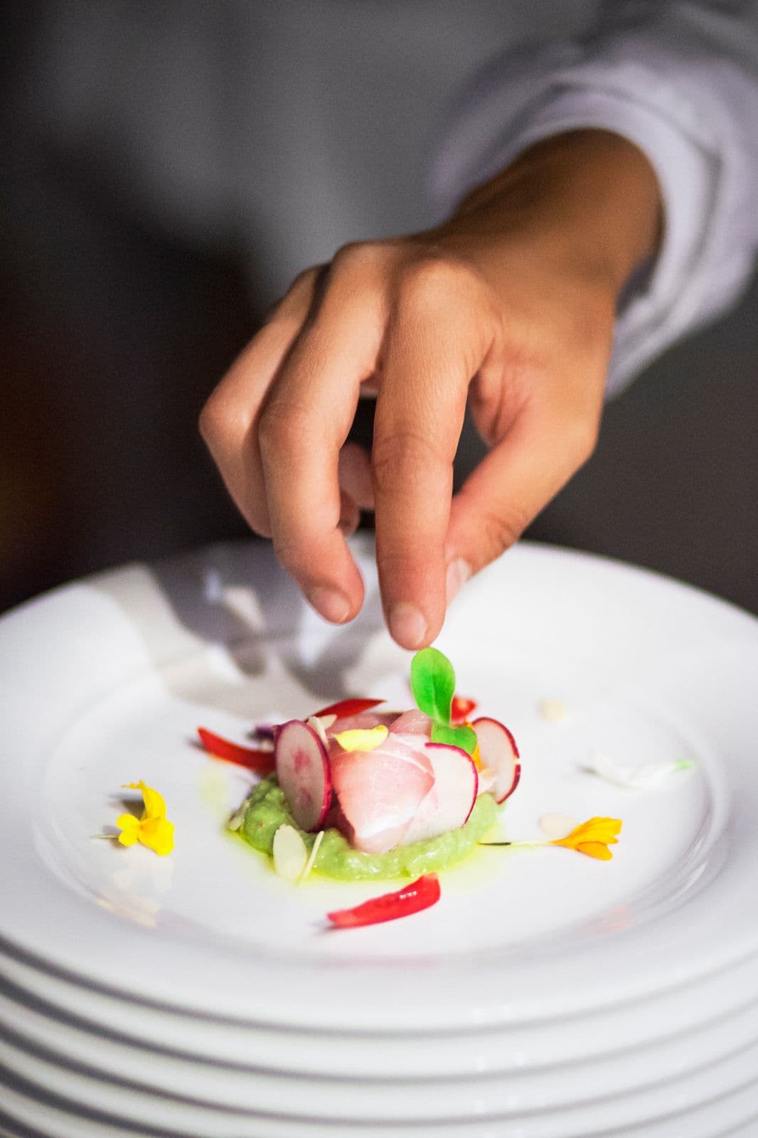 Le mani di Rubina Rovini completano un piatto di pesce con fiori ed erbe.