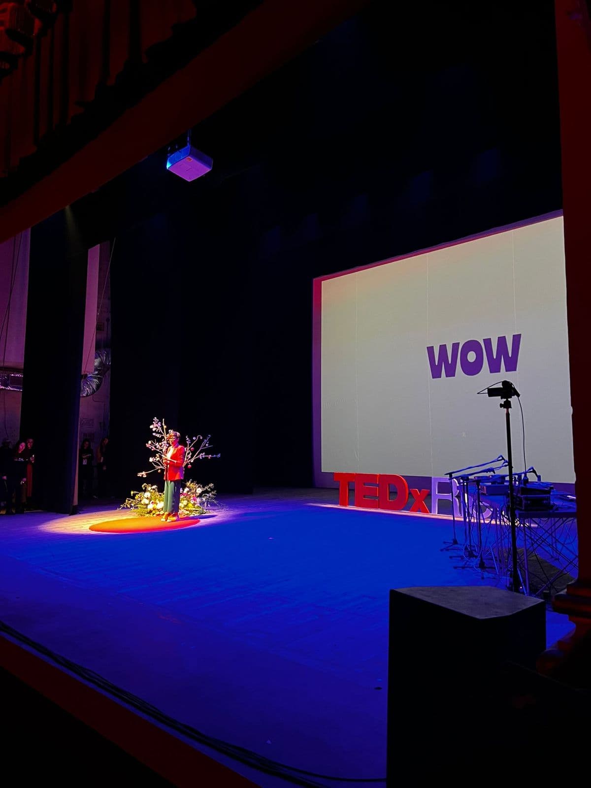 Il palco del TEDx di Rieti visto di lato, con la scritta WOW sullo schermo.